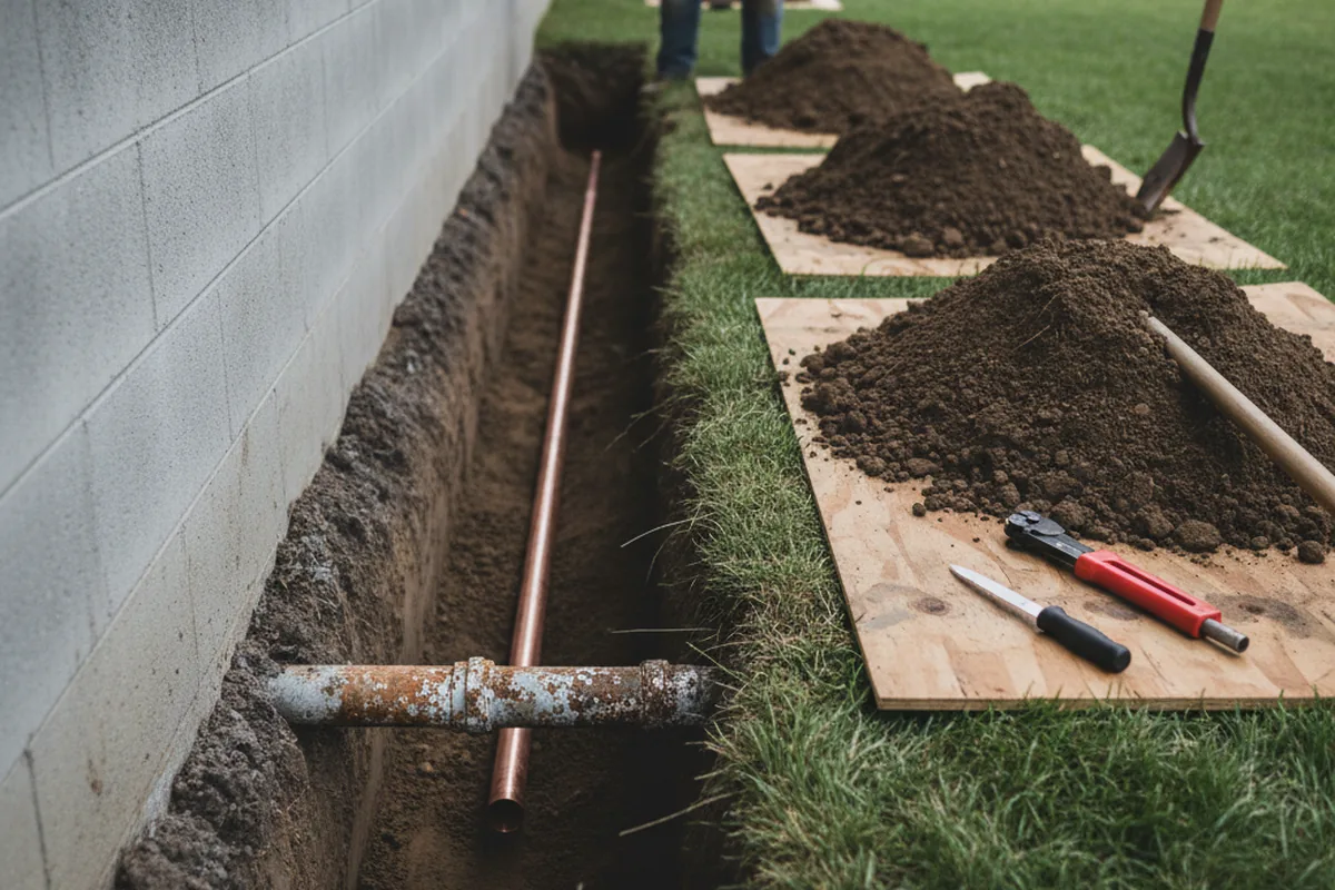 Excavated water line trench during Water Heater Repair in Lead